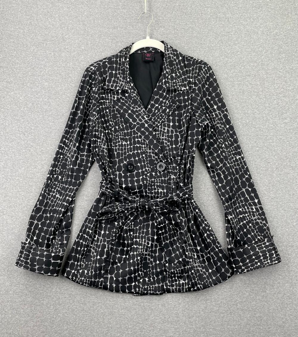 y2k Abstract Belted Trench Jacket Womens M Black White Geometric Print Wrap Coat